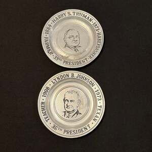 Vintage Presidential Pewter Plates Set Harry S. Truman & Lyndon B. Johnson 6”